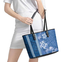 Blue Hibiscus Turle Leather Tote Bag Hawaiian Style Tribal Tapa Pattern