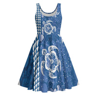 Blue Hibiscus Turle Midi Dress Hawaiian Style Tribal Tapa Pattern - Polynesian Pride