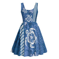 Blue Hibiscus Turle Midi Dress Hawaiian Style Tribal Tapa Pattern - Polynesian Pride