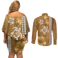 Gold Hibiscus Turle Couples Matching Off Shoulder Short Dress and Long Sleeve Button Shirt Hawaiian Style Tribal Tapa Pattern LT9 - Polynesian Pride