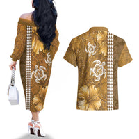 Gold Hibiscus Turle Couples Matching Off The Shoulder Long Sleeve Dress and Hawaiian Shirt Hawaiian Style Tribal Tapa Pattern LT9 - Polynesian Pride