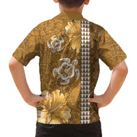 Gold Hibiscus Turle Family Matching Off The Shoulder Long Sleeve Dress and Hawaiian Shirt Hawaiian Style Tribal Tapa Pattern LT9 - Polynesian Pride