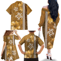 Gold Hibiscus Turle Family Matching Off The Shoulder Long Sleeve Dress and Hawaiian Shirt Hawaiian Style Tribal Tapa Pattern LT9 - Polynesian Pride