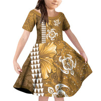 Gold Hibiscus Turle Family Matching Off Shoulder Short Dress and Hawaiian Shirt Hawaiian Style Tribal Tapa Pattern LT9 Daughter's Dress Gold - Polynesian Pride