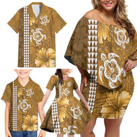 Gold Hibiscus Turle Family Matching Off Shoulder Short Dress and Hawaiian Shirt Hawaiian Style Tribal Tapa Pattern LT9 - Polynesian Pride