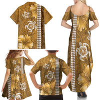 Gold Hibiscus Turle Family Matching Summer Maxi Dress and Hawaiian Shirt Hawaiian Style Tribal Tapa Pattern LT9 - Polynesian Pride