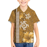 Gold Hibiscus Turle Family Matching Tank Maxi Dress and Hawaiian Shirt Hawaiian Style Tribal Tapa Pattern LT9 Son's Shirt Gold - Polynesian Pride