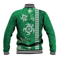 Green Hibiscus Turle Baseball Jacket Hawaiian Style Tribal Tapa Pattern