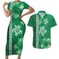 Green Hibiscus Turle Couples Matching Short Sleeve Bodycon Dress and Hawaiian Shirt Hawaiian Style Tribal Tapa Pattern LT9 Green - Polynesian Pride