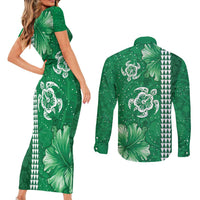Green Hibiscus Turle Couples Matching Short Sleeve Bodycon Dress and Long Sleeve Button Shirt Hawaiian Style Tribal Tapa Pattern LT9 - Polynesian Pride