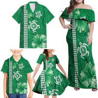 Green Hibiscus Turle Family Matching Off Shoulder Maxi Dress and Hawaiian Shirt Hawaiian Style Tribal Tapa Pattern LT9 - Polynesian Pride
