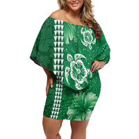 Green Hibiscus Turle Family Matching Off Shoulder Short Dress and Hawaiian Shirt Hawaiian Style Tribal Tapa Pattern LT9 Mom's Dress Green - Polynesian Pride