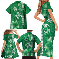 Green Hibiscus Turle Family Matching Short Sleeve Bodycon Dress and Hawaiian Shirt Hawaiian Style Tribal Tapa Pattern LT9 - Polynesian Pride