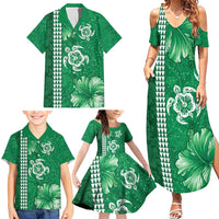 Green Hibiscus Turle Family Matching Summer Maxi Dress and Hawaiian Shirt Hawaiian Style Tribal Tapa Pattern LT9 - Polynesian Pride