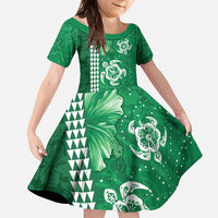 Green Hibiscus Turle Family Matching Tank Maxi Dress and Hawaiian Shirt Hawaiian Style Tribal Tapa Pattern LT9 Daughter's Dress Green - Polynesian Pride