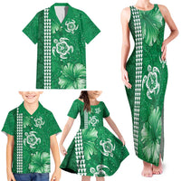 Green Hibiscus Turle Family Matching Tank Maxi Dress and Hawaiian Shirt Hawaiian Style Tribal Tapa Pattern LT9 - Polynesian Pride