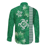 Green Hibiscus Turle Long Sleeve Button Shirt Hawaiian Style Tribal Tapa Pattern