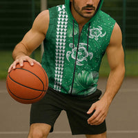 Green Hibiscus Turle Sleeveless Zip Hoodie Hawaiian Style Tribal Tapa Pattern - Polynesian Pride