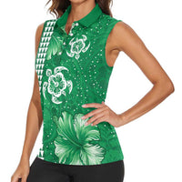 Green Hibiscus Turle Women Sleeveless Polo Shirt Hawaiian Style Tribal Tapa Pattern LT9 - Polynesian Pride