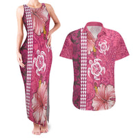 Pink Hibiscus Turle Couples Matching Tank Maxi Dress and Hawaiian Shirt Hawaiian Style Tribal Tapa Pattern LT9 Pink - Polynesian Pride