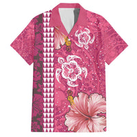 Pink Hibiscus Turle Family Matching Off The Shoulder Long Sleeve Dress and Hawaiian Shirt Hawaiian Style Tribal Tapa Pattern LT9 Dad's Shirt - Short Sleeve Pink - Polynesian Pride