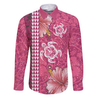 Pink Hibiscus Turle Family Matching Off Shoulder Maxi Dress and Hawaiian Shirt Hawaiian Style Tribal Tapa Pattern LT9 Dad's Shirt - Long Sleeve Pink - Polynesian Pride