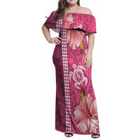 Pink Hibiscus Turle Family Matching Off Shoulder Maxi Dress and Hawaiian Shirt Hawaiian Style Tribal Tapa Pattern LT9 Mom's Dress Pink - Polynesian Pride