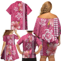Pink Hibiscus Turle Family Matching Off Shoulder Short Dress and Hawaiian Shirt Hawaiian Style Tribal Tapa Pattern LT9 - Polynesian Pride