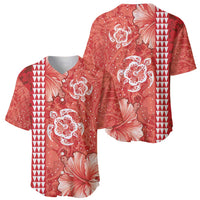 Red Hibiscus Turle Baseball Jersey Hawaiian Style Tribal Tapa Pattern