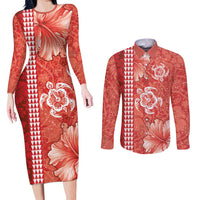 Red Hibiscus Turle Couples Matching Long Sleeve Bodycon Dress and Long Sleeve Button Shirt Hawaiian Style Tribal Tapa Pattern LT9 Red - Polynesian Pride