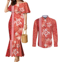 Red Hibiscus Turle Couples Matching Mermaid Dress and Long Sleeve Button Shirt Hawaiian Style Tribal Tapa Pattern LT9 Red - Polynesian Pride