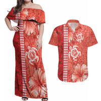 Red Hibiscus Turle Couples Matching Off Shoulder Maxi Dress and Hawaiian Shirt Hawaiian Style Tribal Tapa Pattern LT9 Red - Polynesian Pride