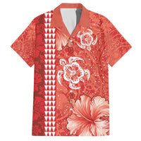Red Hibiscus Turle Family Matching Off The Shoulder Long Sleeve Dress and Hawaiian Shirt Hawaiian Style Tribal Tapa Pattern LT9 Dad's Shirt - Short Sleeve Red - Polynesian Pride
