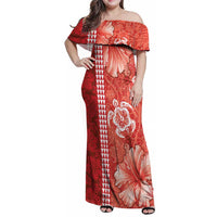 Red Hibiscus Turle Family Matching Off Shoulder Maxi Dress and Hawaiian Shirt Hawaiian Style Tribal Tapa Pattern LT9 Mom's Dress Red - Polynesian Pride