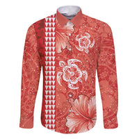 Red Hibiscus Turle Family Matching Short Sleeve Bodycon Dress and Hawaiian Shirt Hawaiian Style Tribal Tapa Pattern LT9 Dad's Shirt - Long Sleeve Red - Polynesian Pride