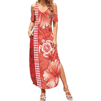 Red Hibiscus Turle Family Matching Summer Maxi Dress and Hawaiian Shirt Hawaiian Style Tribal Tapa Pattern LT9 Mom's Dress Red - Polynesian Pride