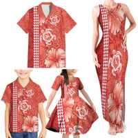 Red Hibiscus Turle Family Matching Tank Maxi Dress and Hawaiian Shirt Hawaiian Style Tribal Tapa Pattern LT9 - Polynesian Pride