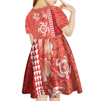 Red Hibiscus Turle Kid Short Sleeve Dress Hawaiian Style Tribal Tapa Pattern
