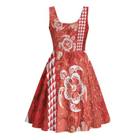 Red Hibiscus Turle Midi Dress Hawaiian Style Tribal Tapa Pattern - Polynesian Pride