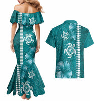 Teal Hibiscus Turle Couples Matching Mermaid Dress and Hawaiian Shirt Hawaiian Style Tribal Tapa Pattern LT9 - Polynesian Pride