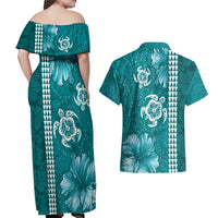 Teal Hibiscus Turle Couples Matching Off Shoulder Maxi Dress and Hawaiian Shirt Hawaiian Style Tribal Tapa Pattern LT9 - Polynesian Pride