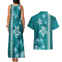 Teal Hibiscus Turle Couples Matching Tank Maxi Dress and Hawaiian Shirt Hawaiian Style Tribal Tapa Pattern LT9 - Polynesian Pride