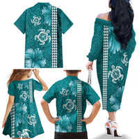 Teal Hibiscus Turle Family Matching Off The Shoulder Long Sleeve Dress and Hawaiian Shirt Hawaiian Style Tribal Tapa Pattern LT9 - Polynesian Pride