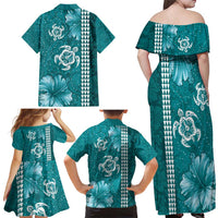 Teal Hibiscus Turle Family Matching Off Shoulder Maxi Dress and Hawaiian Shirt Hawaiian Style Tribal Tapa Pattern LT9 - Polynesian Pride