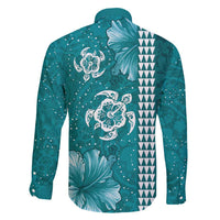Teal Hibiscus Turle Family Matching Off Shoulder Maxi Dress and Hawaiian Shirt Hawaiian Style Tribal Tapa Pattern LT9 - Polynesian Pride