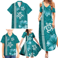 Teal Hibiscus Turle Family Matching Summer Maxi Dress and Hawaiian Shirt Hawaiian Style Tribal Tapa Pattern LT9 - Polynesian Pride