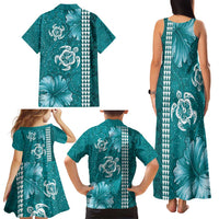 Teal Hibiscus Turle Family Matching Tank Maxi Dress and Hawaiian Shirt Hawaiian Style Tribal Tapa Pattern LT9 - Polynesian Pride
