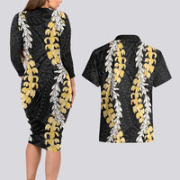 Puakenikeni and Maile Lei Couples Matching Long Sleeve Bodycon Dress and Hawaiian Shirt Black Double Strand Lei LT9 - Polynesian Pride
