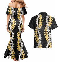 Puakenikeni and Maile Lei Couples Matching Mermaid Dress and Hawaiian Shirt Black Double Strand Lei LT9 - Polynesian Pride