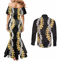 Puakenikeni and Maile Lei Couples Matching Mermaid Dress and Long Sleeve Button Shirt Black Double Strand Lei LT9 - Polynesian Pride